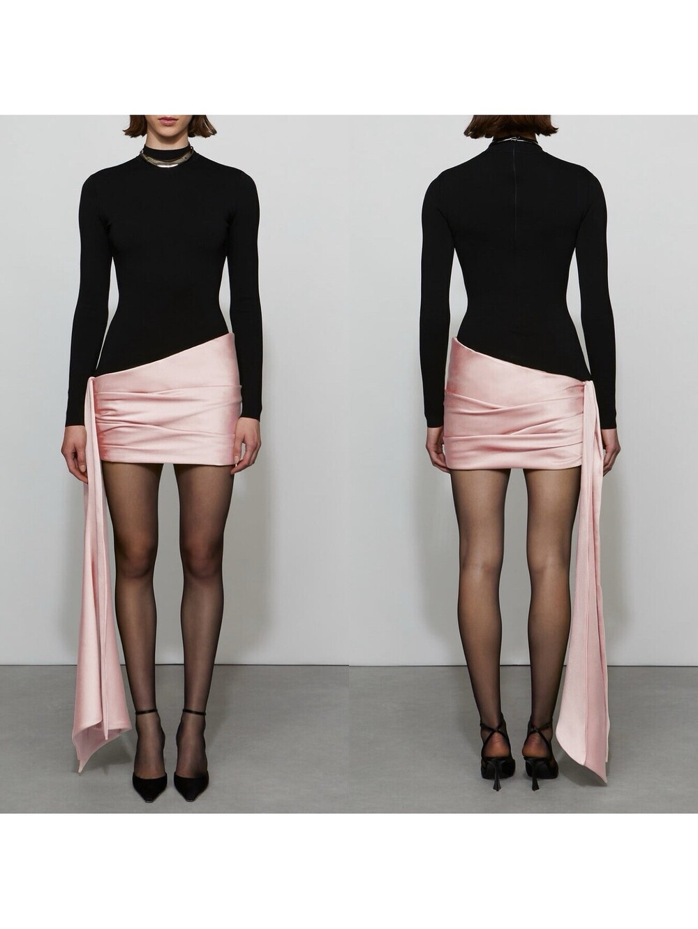 Et Ochs Simone Combo Knit Long Sleeve Dress w/ Satin Skirt & Side Drape Sz 12